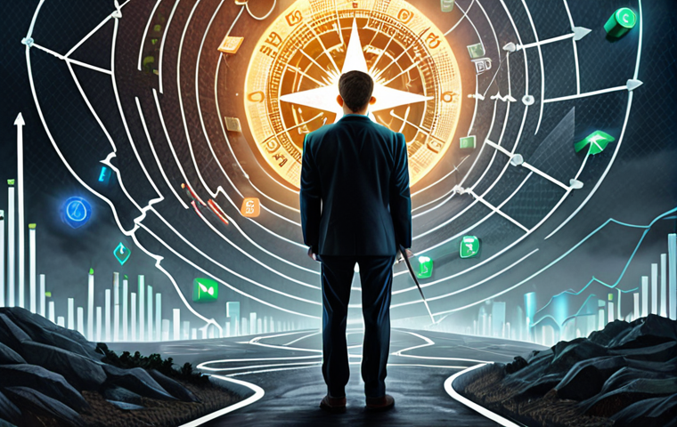 A bewildered individual stands at a crossroads in a chaotic, foggy financial landscape. Abstract representations of volatile stock charts, cryptocurrency symbols, and various traditional investment icons swirl around them, signifying information overload and market uncertainty. In the distance, a clear, guiding light emanates from a confident, professional financial advisor figure holding a glowing compass, pointing towards a stable, discernible path. The scene emphasizes the overwhelming nature of modern investments and the desperate need for expert guidance and clarity.