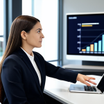 A professional female financial advisor, dressed in a modest, dark business suit, is seated at a sleek modern desk in a bright, contemporary office. She is gently explaining financial concepts to a male client, also professionally dressed, who is listening intently with an expression of understanding and trust. The advisor's hand is calmly gesturing towards a digital screen, which displays abstract, non-specific financial data. The background features blurred, modern office architecture and a calm, inviting ambiance. The scene conveys a sense of clear guidance and human connection in financial planning. Fully clothed, appropriate attire, professional dress, safe for work, appropriate content, family-friendly, perfect anatomy, correct proportions, natural pose, well-formed hands, proper finger count, natural body proportions, professional photography, high quality.