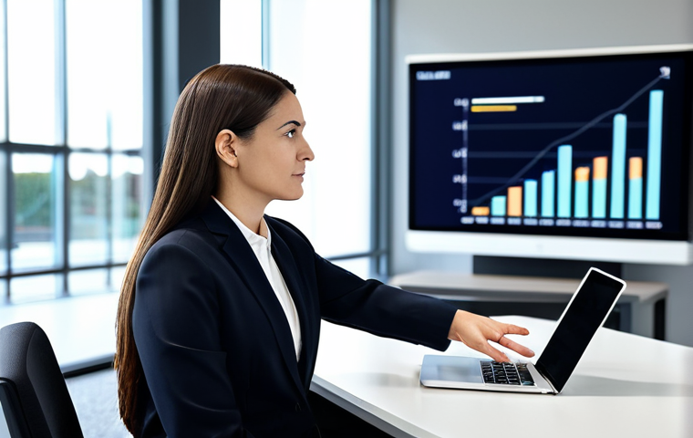 A professional female financial advisor, dressed in a modest, dark business suit, is seated at a sleek modern desk in a bright, contemporary office. She is gently explaining financial concepts to a male client, also professionally dressed, who is listening intently with an expression of understanding and trust. The advisor's hand is calmly gesturing towards a digital screen, which displays abstract, non-specific financial data. The background features blurred, modern office architecture and a calm, inviting ambiance. The scene conveys a sense of clear guidance and human connection in financial planning. Fully clothed, appropriate attire, professional dress, safe for work, appropriate content, family-friendly, perfect anatomy, correct proportions, natural pose, well-formed hands, proper finger count, natural body proportions, professional photography, high quality.